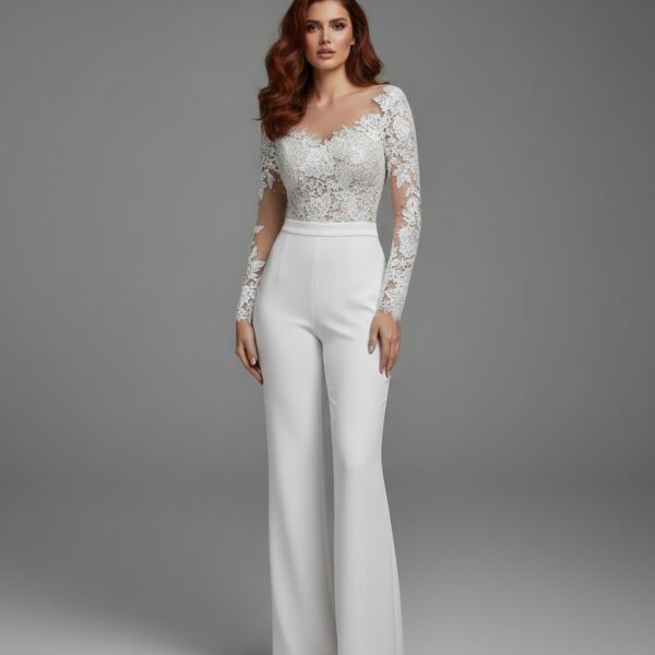 Combinaison mariage dentelle appliquée manche longue